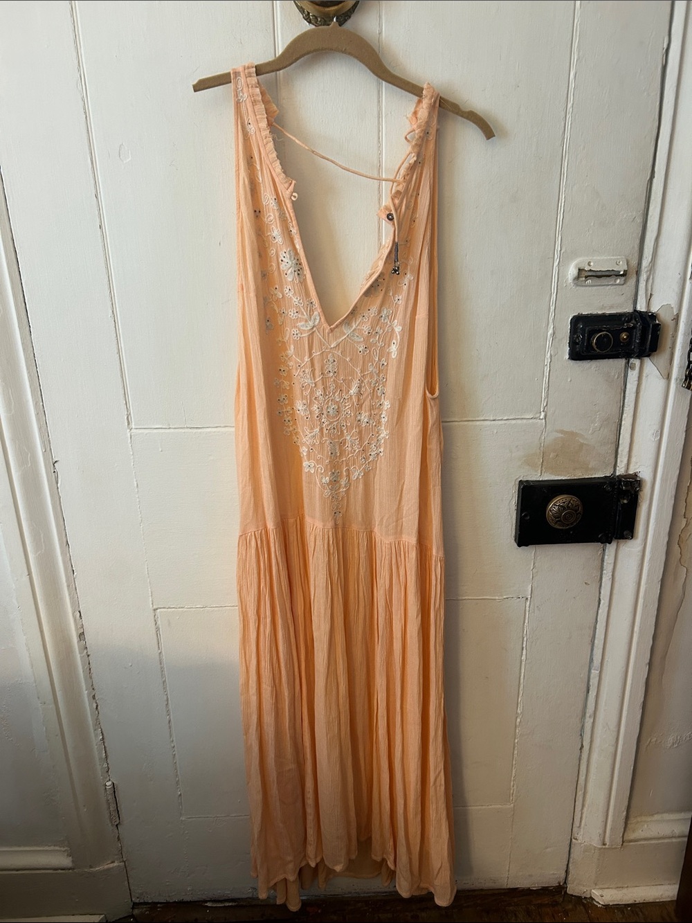 Free People Peach Embroidered Deep-V Maxi Dress